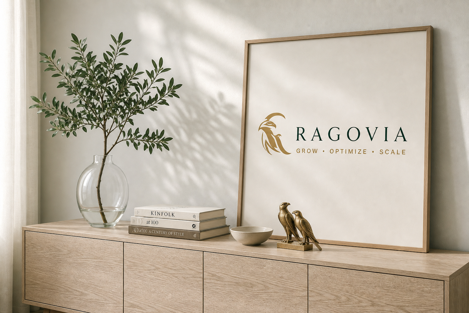 A framed Ragovia falcon logo poster on a sideboard with a vase, books, and a brass two-falcon statue