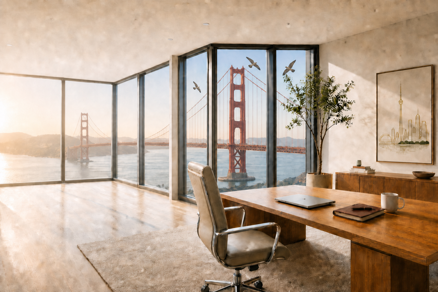 Bright modern corner office with floor-to-ceiling windows, a desk, and a panoramic city skyline view